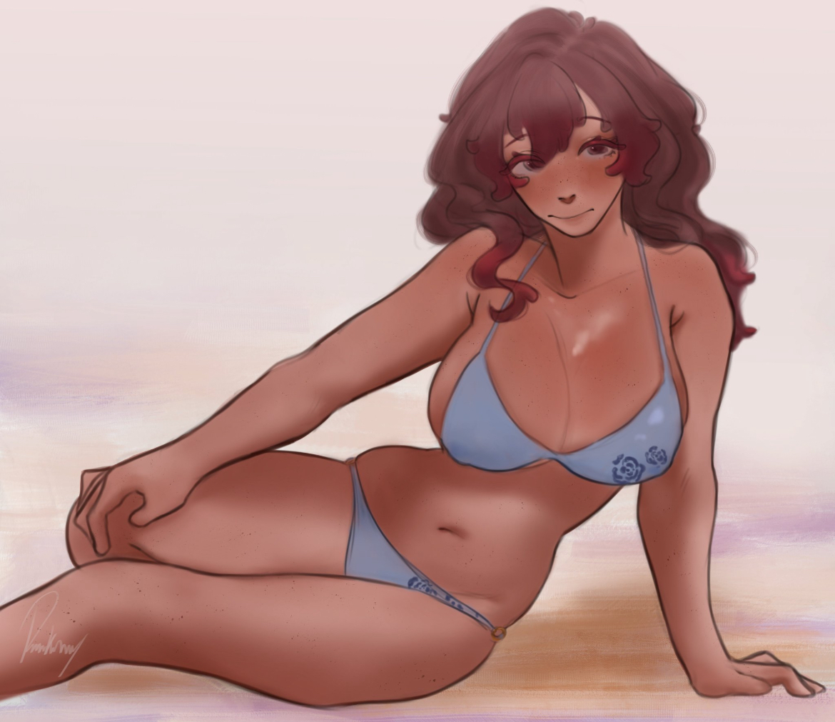 alexis ness, artist request, belly, belly button, big breasts, big thighs, bikini, bikini only, blue lock, breasts, cleavage, cleavage overflow, curves, curvy, curvy female, cute, cute face, female, female focus, female only, femlock, hand on knee, midriff, pose, posing, posing for the viewer, red eyes, red hair, rule 63, sexy, sexy body, solo, solo female, solo focus, tan body, tan skin, thick thighs, tummy, wide hips, wide thighs