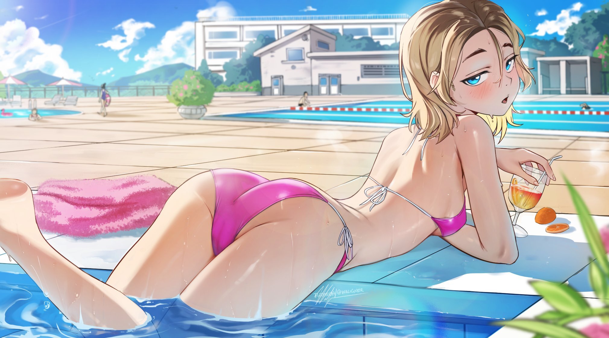 bikini, blue eyes, blush, female, gwen stacy, gwen stacy (spider-verse), half-closed eyes, looking at viewer, marvel, outside, poolside, pose, see-through, see-through clothing, see-through swimsuit, sensual, sensual pose, sexy, sfw version, short hair, solo, solo female, solo in panel, spider-man: across the spider-verse, spider-man: into the spider-verse, waligner, young female