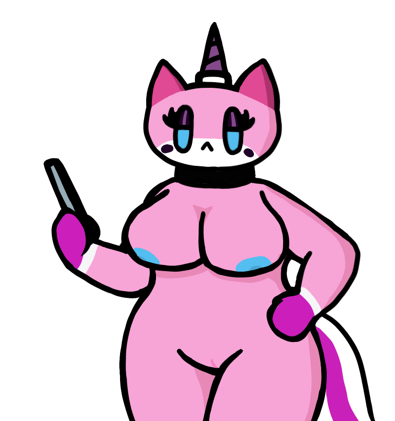 anthro areola blue_areola collar equid equine felid feline female goth horn horse_tail hybrid looking_at_viewer mammal minigoat nude pink_body solo the_lego_movie unicorn unicorn_horn unikitty unikitty!