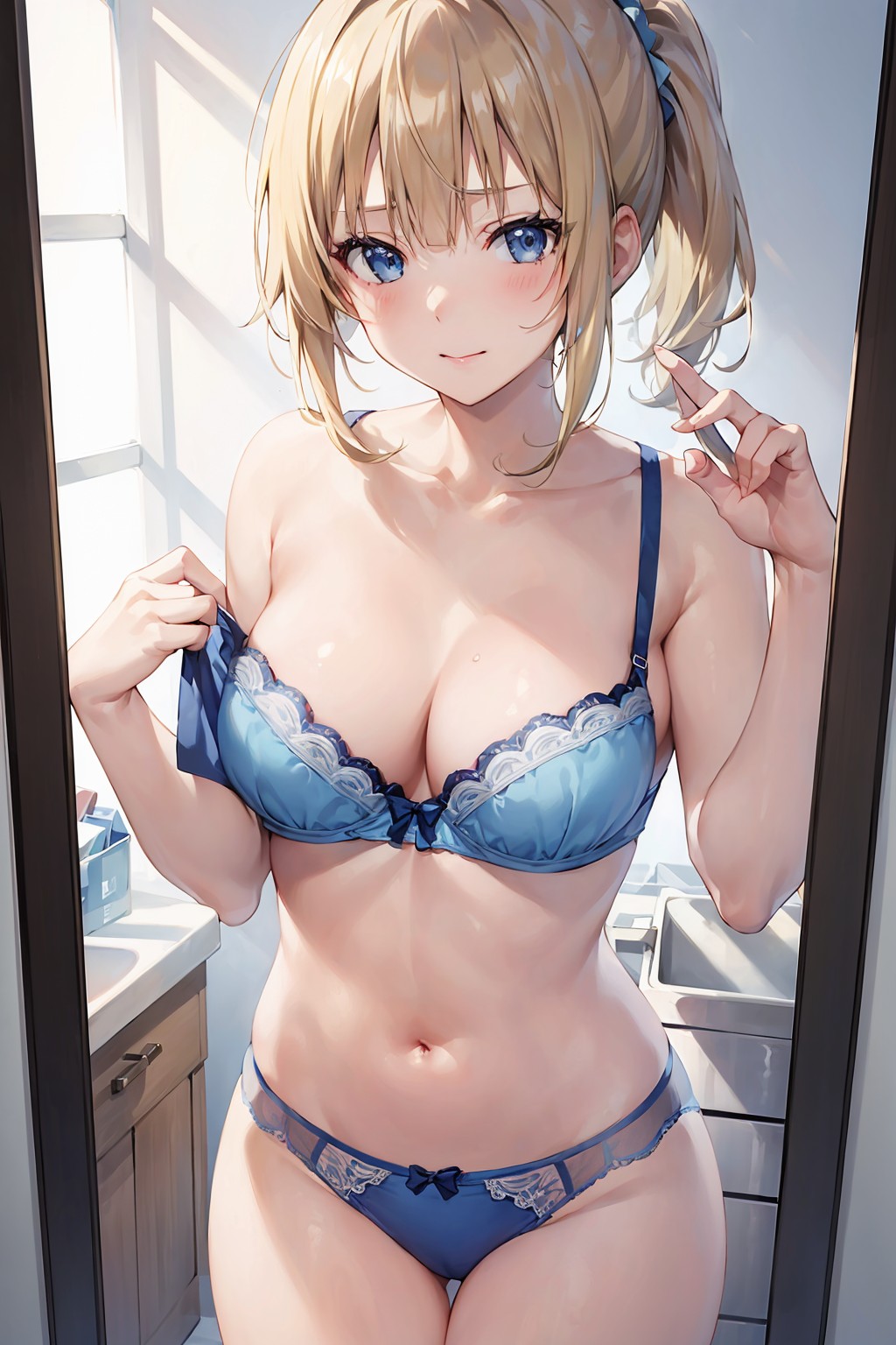 ai generated, blonde hair, blue eyes, classroom of the elite, embarrassed, female, karuizawa kei, nervous, shy, stable diffusion, youkoso jitsuryoku shijou shugi no kyoushitsu e