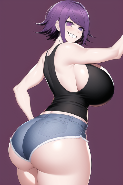 ai_generated ass ass_focus asscheeks danganronpa danganronpa_v3 evil_grin evil_smile genderswap_(mtf) huge_ass huge_breasts kokichi_ouma nai_diffusion ouma_kokichi purple_eyes purple_hair rule_63 shorts stable_diffusion