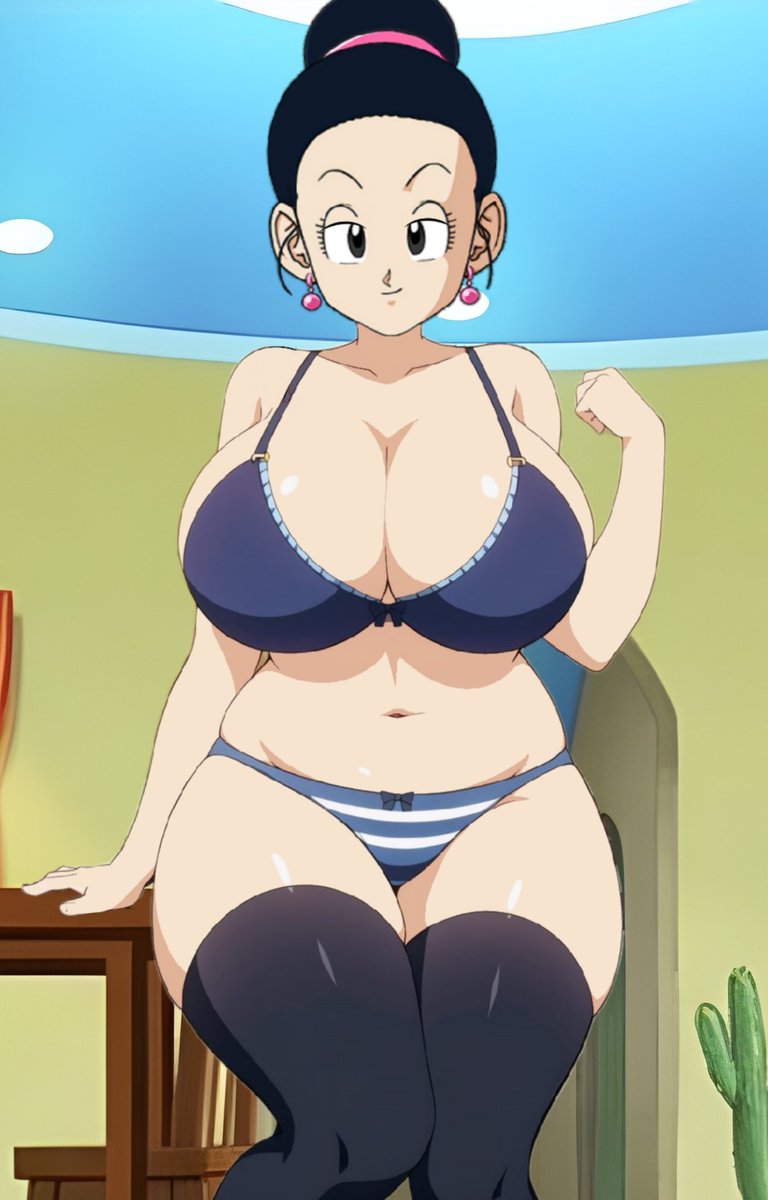 1girls arm_up barely_contained big_breasts black_eyes black_hair bra breasts chichi chichi_verse curvaceous curvy dragon_ball dragon_ball_super dragon_ball_z earrings edit hair_bun hand_on_table indoors large_breasts light-skinned_female light_skin lingerie looking_at_viewer milf navel overflowing_breasts panties sideboob skindentation smile solo striped_panties table thick_thighs thighhighs