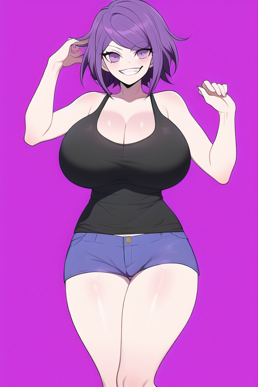 ai_generated danganronpa danganronpa_v3 evil_grin genderswap_(mtf) kokichi_ouma nai_diffusion ouma_kokichi purple_eyes purple_hair rule_63 shorts stable_diffusion tank_top