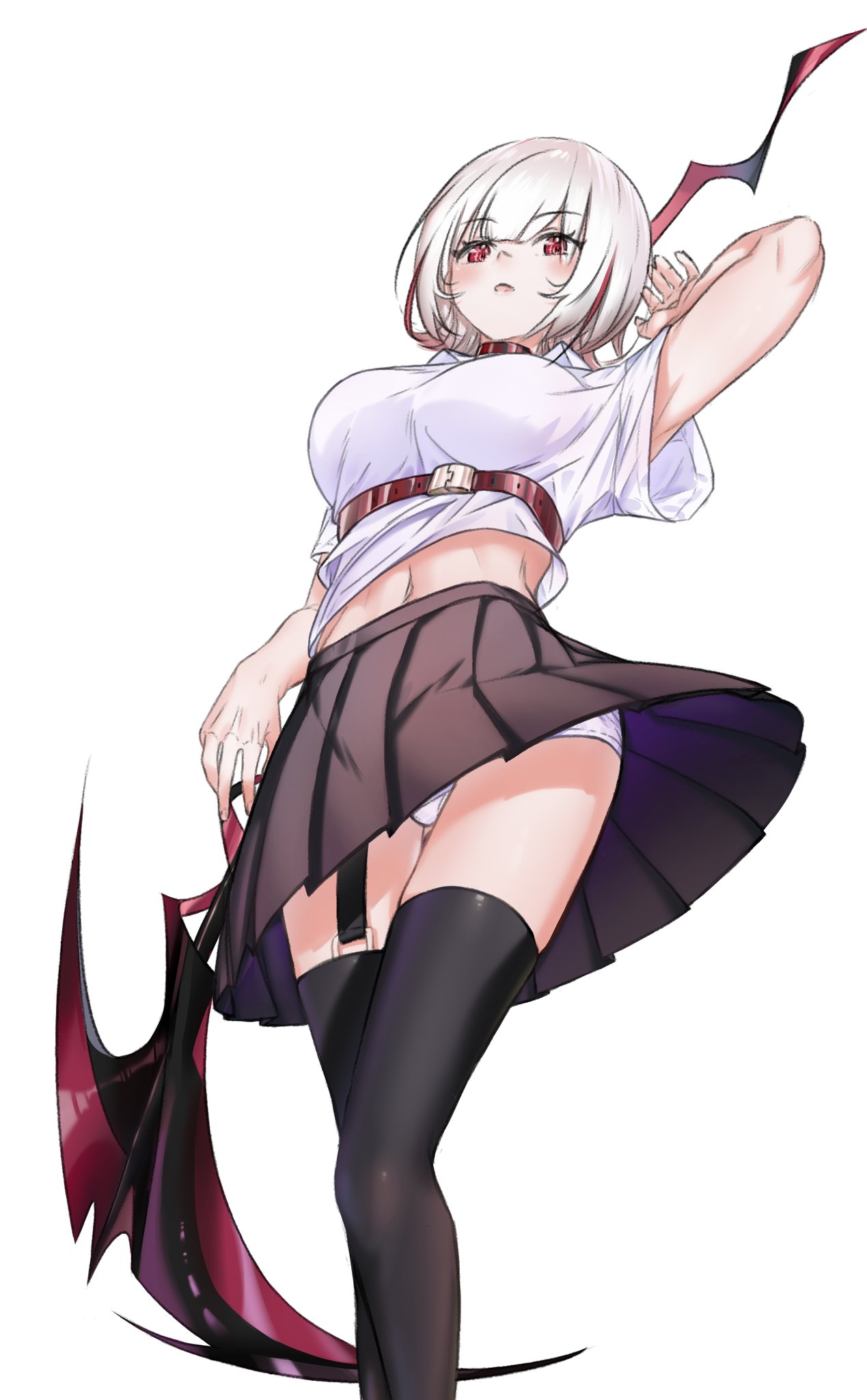 1girls belly belly_button bob_cut breasts crosshair crosshair_pupils dtto. from_below holding_scythe large_breasts looking_at_viewer multicolored_hair navel pale_skin panties pantyshot red_eyes red_hair scythe shirt skirt thighhighs thighs underwear virtual_youtuber vtuber zettai_ryouiki