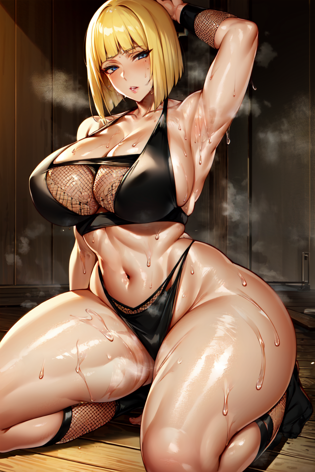 ai_generated arm_behind_head armpits arms_up bangs bare_shoulders black_bra black_underwear blonde_hair blue_eyes blush bob_cut bra breasts busty cleavage clothing curvaceous curvy_female curvy_hips female female_only fishnet_shirt fishnet_top fishnets high_resolution huge_breasts kneeling large_breasts light-skinned light-skinned_female light_skin looking_at_viewer mature mature_female naruto naruto_shippuden naughty_face navel ninja nipples parted_lips plump samui shiny shiny_skin shirt short_hair sitting solo steaming_body sweat tanumanai thick_thighs thighs underwear voluptuous wet wide_hips wooden_floor