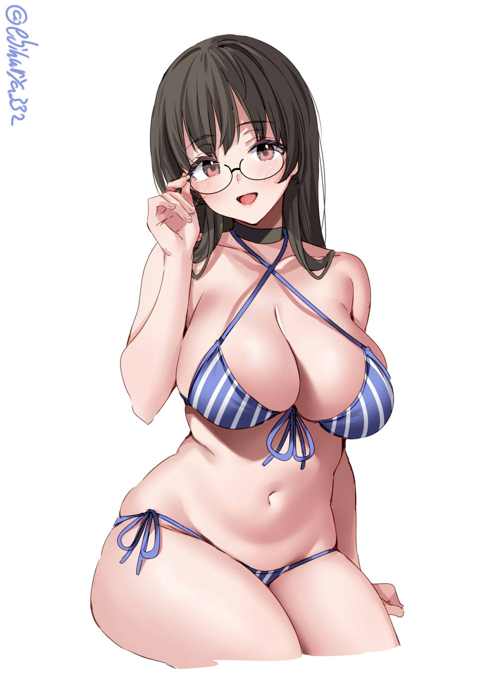 adjusting_eyewear alternate_costume bare_shoulders bikini black_choker black_hair blue_bikini blush breasts choker choukai_(kantai_collection) collarbone criss-cross_halter cropped_legs ebifurya female front-tie_bikini_top front-tie_top glasses halterneck hand_up highres invisible_chair kantai_collection large_breasts long_hair looking_at_viewer navel one-hour_drawing_challenge open_mouth red_eyes side-tie_bikini_bottom simple_background sitting skindentation smile solo stomach strap_gap striped striped_bikini swimsuit thighs twitter_username white_background