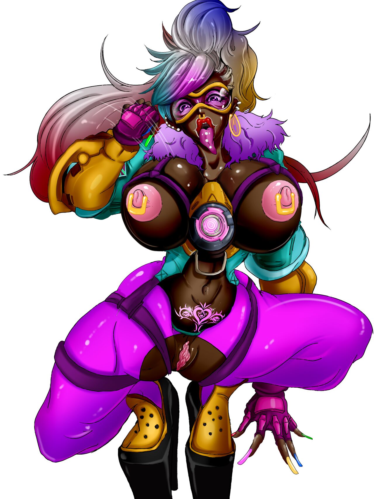 after transformation, ass, bimbo, bimbofication, brain drain, breasts, crocs, cum, female, ganguro, gyaru, hair color change, hair growth, high heels, huge ass, huge breasts, midriff, navel, nipple piercing, nipples, overwatch, personality change, piercing, platform heels, post-transformation, pussy, spread legs, squatting, thick lips, thick thighs, tongue, tongue out, tongue piercing, tracer, transformation, wide hips
