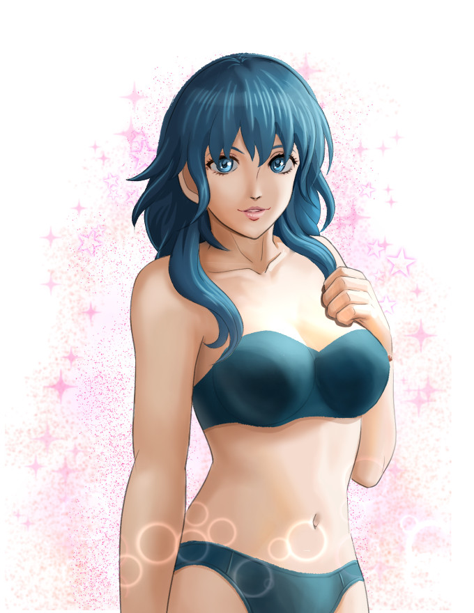 1girls bare_arms bare_midriff bare_shoulders blue_eyes blue_hair blue_panties bra breasts byleth_(fire_emblem) byleth_(fire_emblem)_(female) collarbone female female_only fire_emblem fire_emblem:_three_houses grin hand_on_own_chest lingerie looking_at_viewer medium_breasts medium_hair midriff nintendo panties pink_background shoulders smile sparkles teal_eyes teal_hair teal_panties underwear upper_body white_background yokosimasyo69