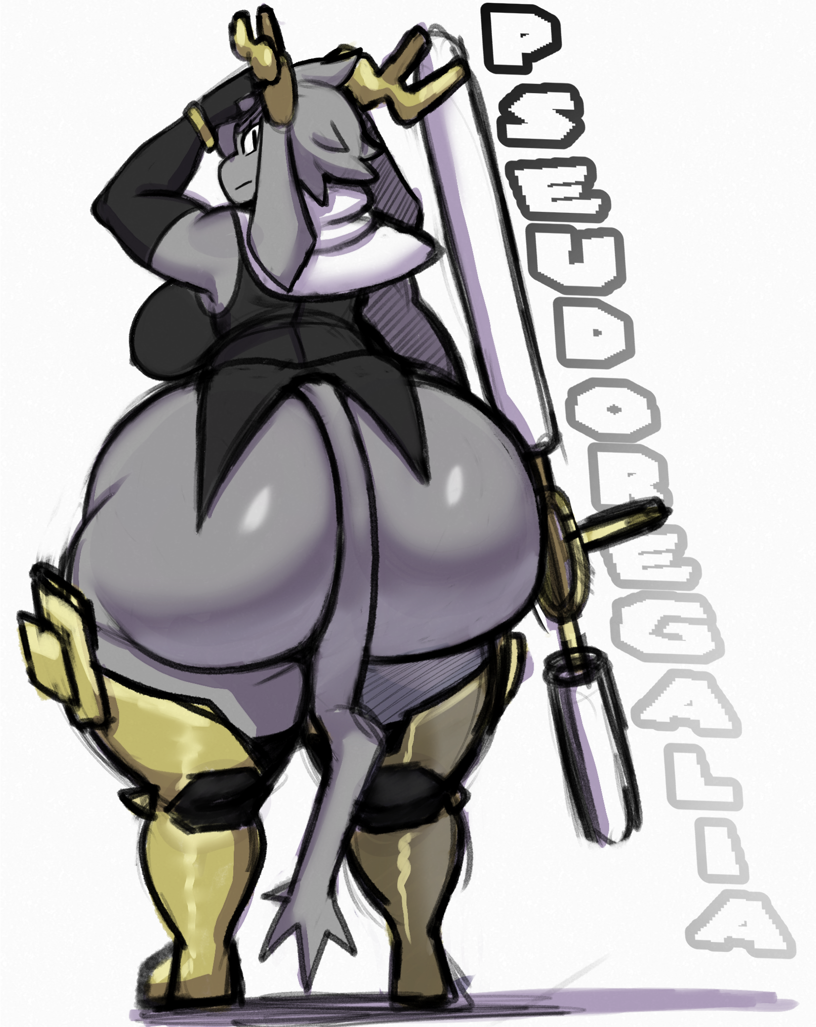 1girls, antlers, ass, big ass, big breasts, big butt, bottom heavy, bottomless, bottomless female, breasts, fangholdr, feladrine, female, female only, grey body, grey fur, huge ass, huge butt, pseudoregalia, sword, sybil (pseudoregalia), wide hips