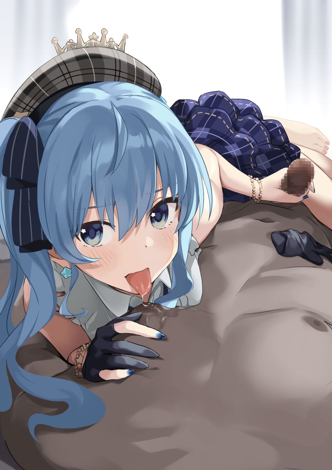 1boy arou_(arrow_x666) beret black_gloves blue_eyes blue_hair blue_nails blue_skirt blush bracelet censored cowgirl_position crown dark-skinned_male dark_skin earrings erection female frilled_skirt frills gloves gloves_removed handjob hat high_side_ponytail highres hololive hololive_gen_0 hololive_japan hoshimachi_suisei interracial jewelry licking licking_nipple looking_at_viewer lying mini_crown miniskirt mosaic_censoring on_stomach partially_fingerless_gloves penis plaid_headwear saliva single_glove skirt small_breasts small_penis star_(symbol) star_earrings star_in_eye symbol_in_eye tam_o'_shanter tongue tongue_out virtual_youtuber