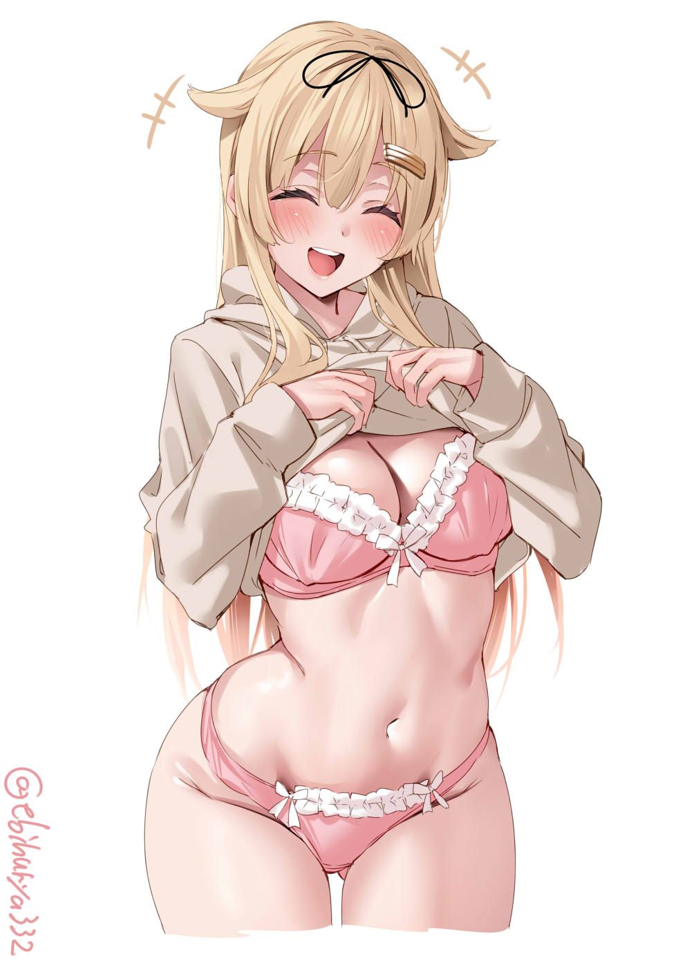 ass_visible_through_thighs black_ribbon blonde_hair blush bow bow_bra bra breasts closed_eyes clothes_lift cropped_legs drawstring ebifurya female frilled_bra frilled_panties frills hair_flaps hair_ornament hair_ribbon hairclip hands_up highres hood hood_down hoodie hoodie_lift kantai_collection large_breasts lifted_by_self long_hair long_sleeves no_pants one-hour_drawing_challenge open_mouth panties pink_bra pink_panties ribbon sidelocks simple_background smile solo teeth thighs twitter_username underwear upper_teeth_only white_background wide_hips yuudachi_(kantai_collection)