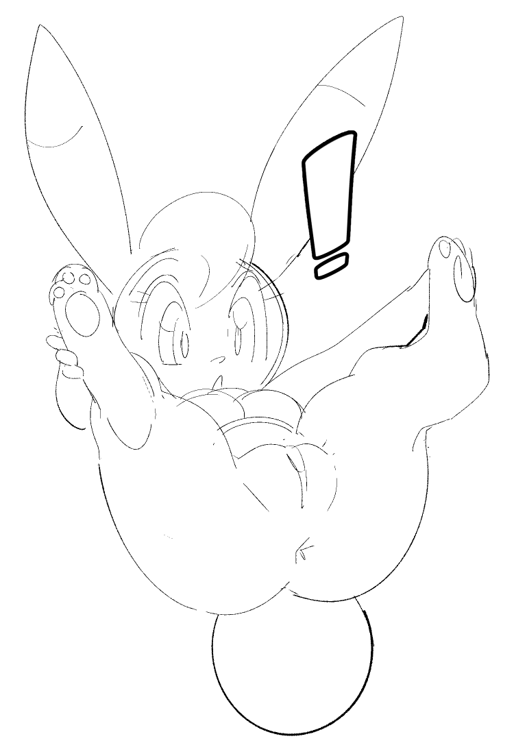 :o anus bokko breasts exclamation_point exposed eyelashes female foot_grab genitals hair hand_on_foot lagomorph leporid long_ears mammal monochrome open_mouth osamu_tezuka pawpads paws pussy rabbit raised_leg solo tail the_amazing_3 watatanza