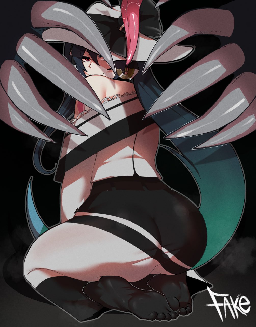 1girl, 1girls, ass, bare shoulders, black background, black hair, crossover, dress, extra mouth, fake (artist), feet, female, from behind, hatsune miku, hatsune miku (dark-type trainer), long hair, looking at viewer, looking back, monster girl, no shoes, obstagoon, off-shoulder dress, pokemon, project voltage, red eyes, seiza, sitting, smile, socks, soles, solo, solo female, thick thighs, thighs, tongue, tongue out, vocaloid