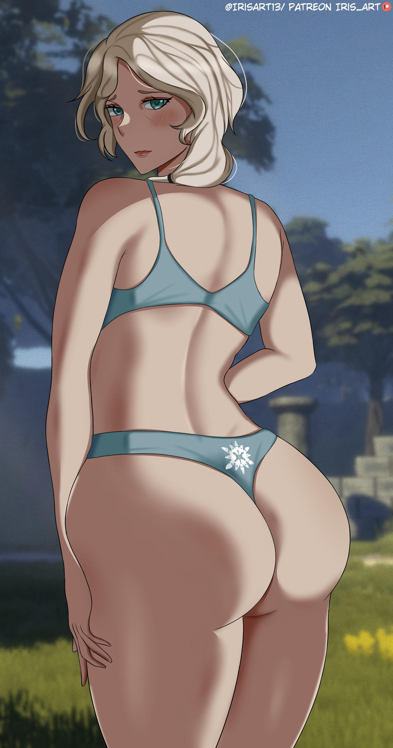1girls, absurdres, aqua eyes, ass, ass focus, bare shoulders, big ass, blush, bra, embarrassed, female, female only, from behind, highres, huge ass, iris art, legs, light-skinned female, long hair, looking at viewer, rwby, smile, solo, tagme, thick thighs, thighs, thong, underwear, white hair, willow schnee