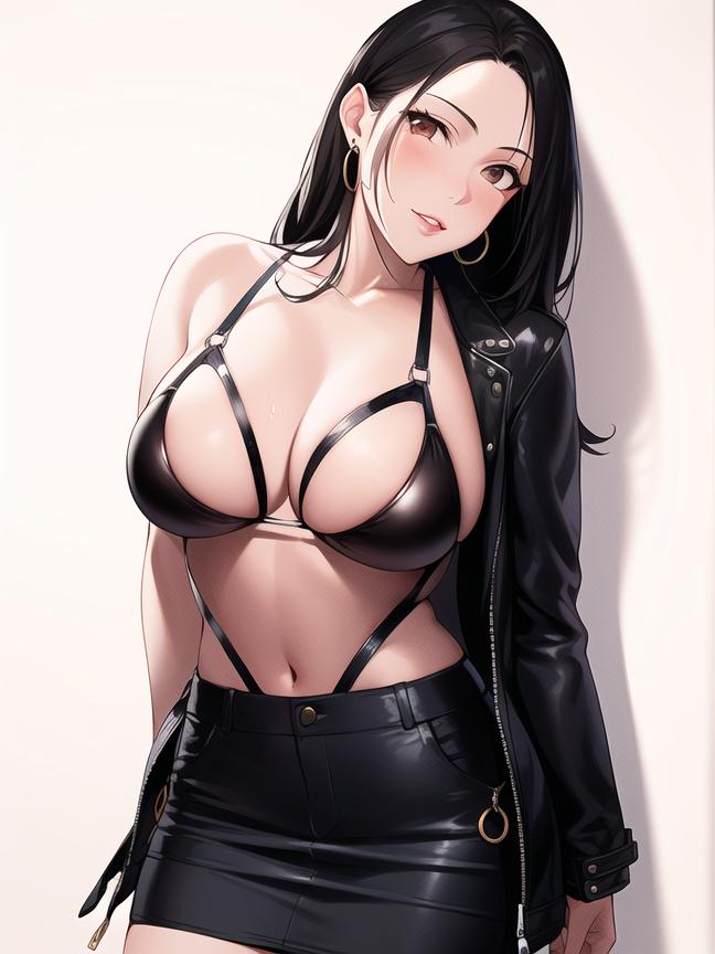 1girls ai_generated ai_mirror belly_button big_breasts black_bra black_hair black_leather_jacket black_skirt blush brown_eyes earrings latex_bra leather_jacket leather_skirt long_hair skirt straps white_skin white_wall