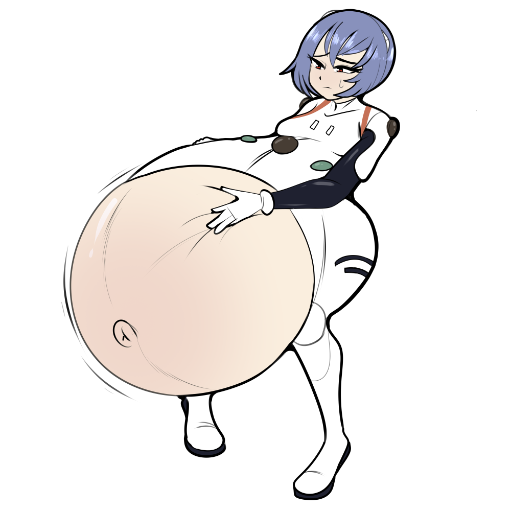 absurd anime belly belly_bulge big_belly big_belly_bulge blue_hair breasts disproportional green_glutton hand_on_belly huge_belly hyper_belly hyper_pregnancy hyper_pregnant light-skinned_female light_skin neon_genesis_evangelion plugsuit pregnant pregnant_female red_eyes rei_ayanami short_hair small_breasts sweatdrop torn_clothes torn_clothing white_plugsuit