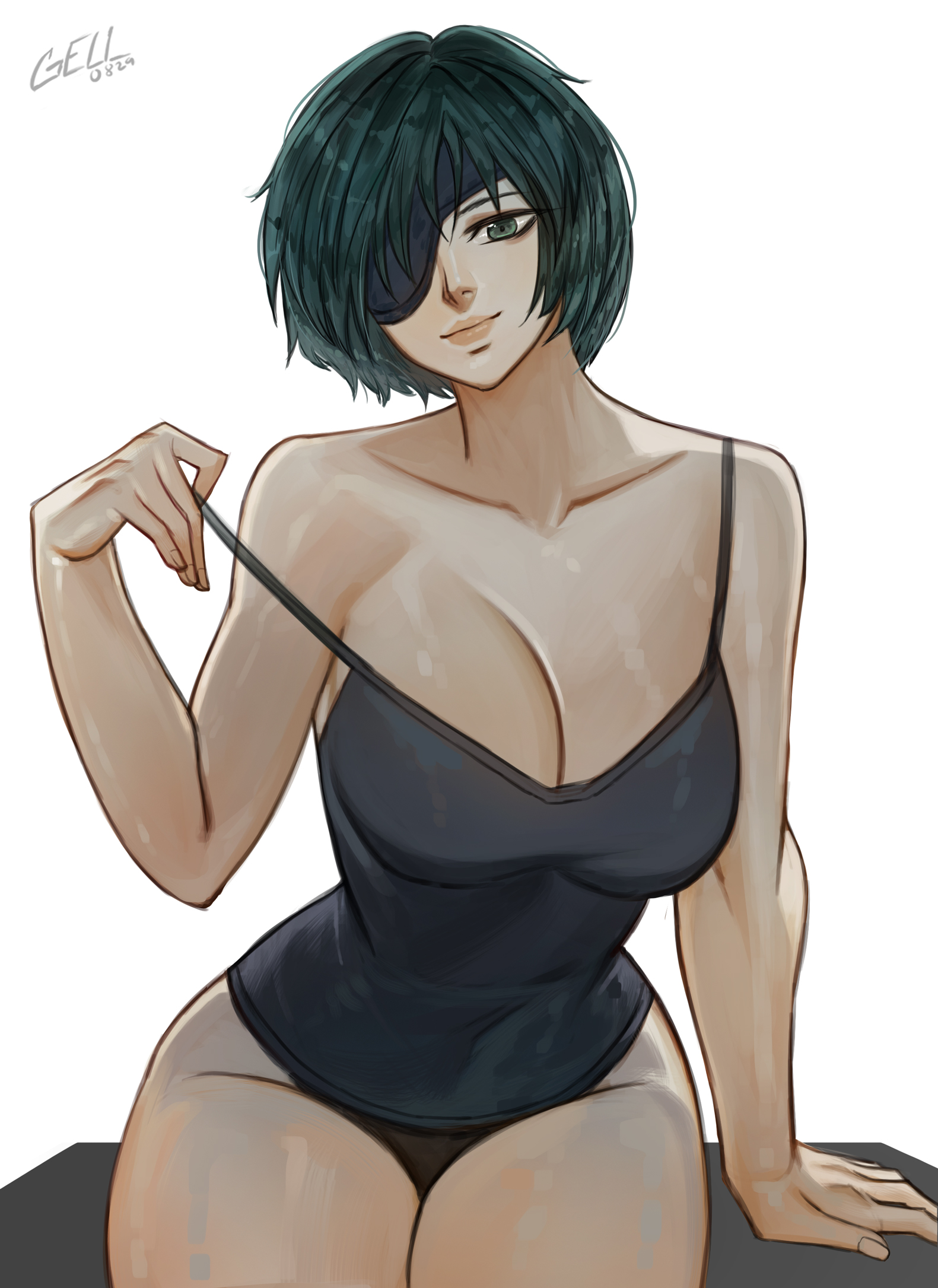 1girls, 2d, 2d (artwork), asian female, ass, big ass, big breasts, breasts, chainsaw man, cleavage, eyepatch, female, female only, gelldraws, himeno (chainsaw man), huge breasts, light skin, light-skinned female, looking at viewer, mappa, sitting, thick thighs