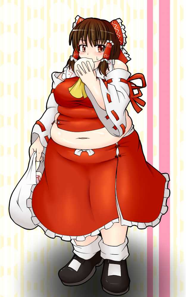 bbw belly_overhang big_belly big_breasts big_female blush chubby chubby_female eating embarrassed fat fat_ass fat_female fat_fetish fat_girl fat_woman fatty large_female nerizou obese obese_female overweight overweight_female plump pork_chop reimu_hakurei thick_thighs touhou weight_gain