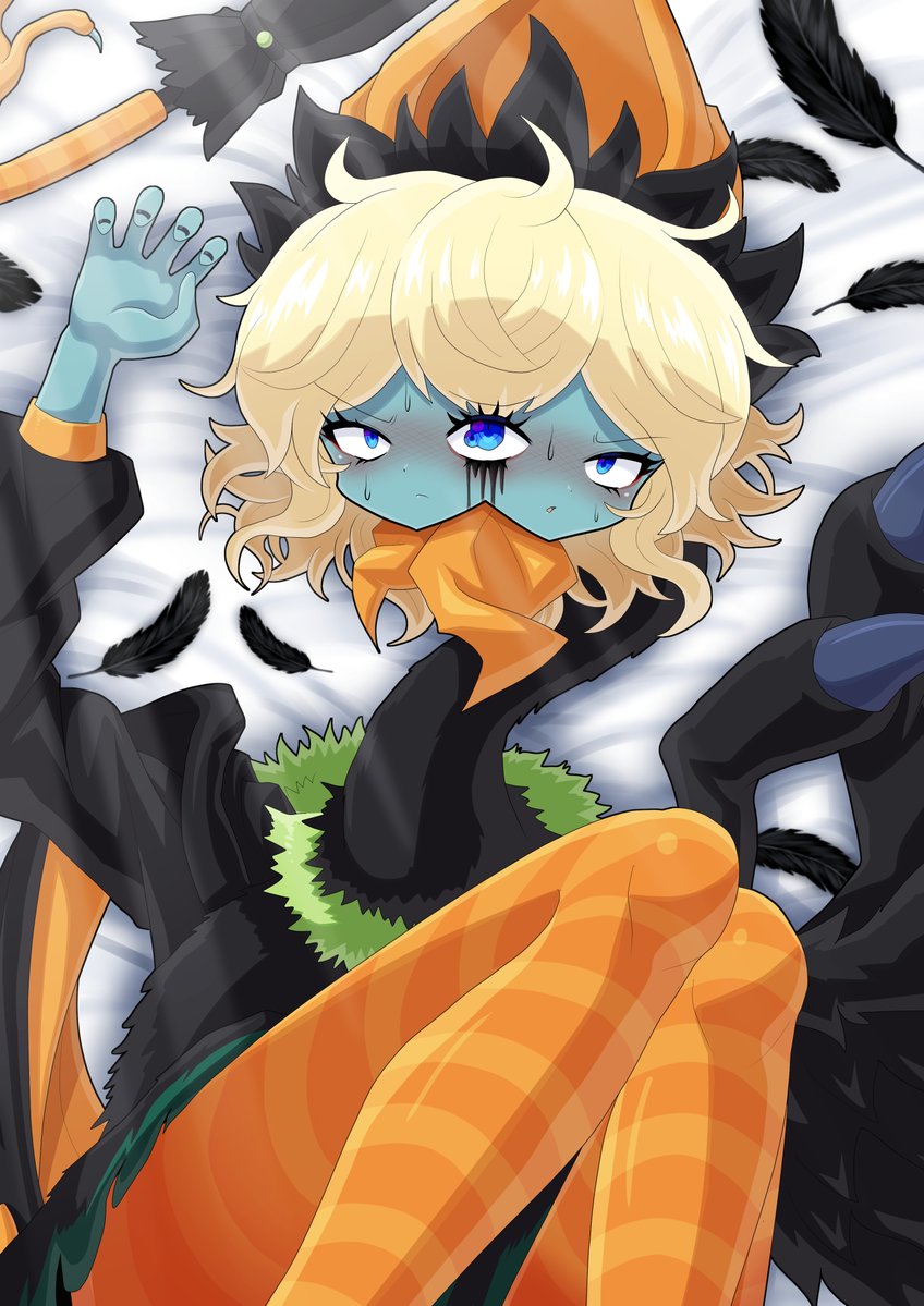 bird bird_girl bird_monster blonde_hair blush conjoined dream_of_a_black_swan feathers library_of_ruina lobotomy_corporation lying_on_back lying_on_bed monster_girl multi_face project_moon swan tagme umbrella