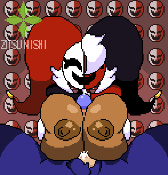 1boy 1girls big_breasts breast_grab breast_squeeze breasts clothed clothing dark-skinned_female female half-dressed huge_breasts interracial jester lady_phanto light-skinned_male looking_at_viewer male mario_(series) mask masked_female nintendo nipples original_character paizuri penis phanto pixel_art precum precum_drip pubic_hair rule_63 super_mario_bros._2 unbuttoned white_hair zitsunishi