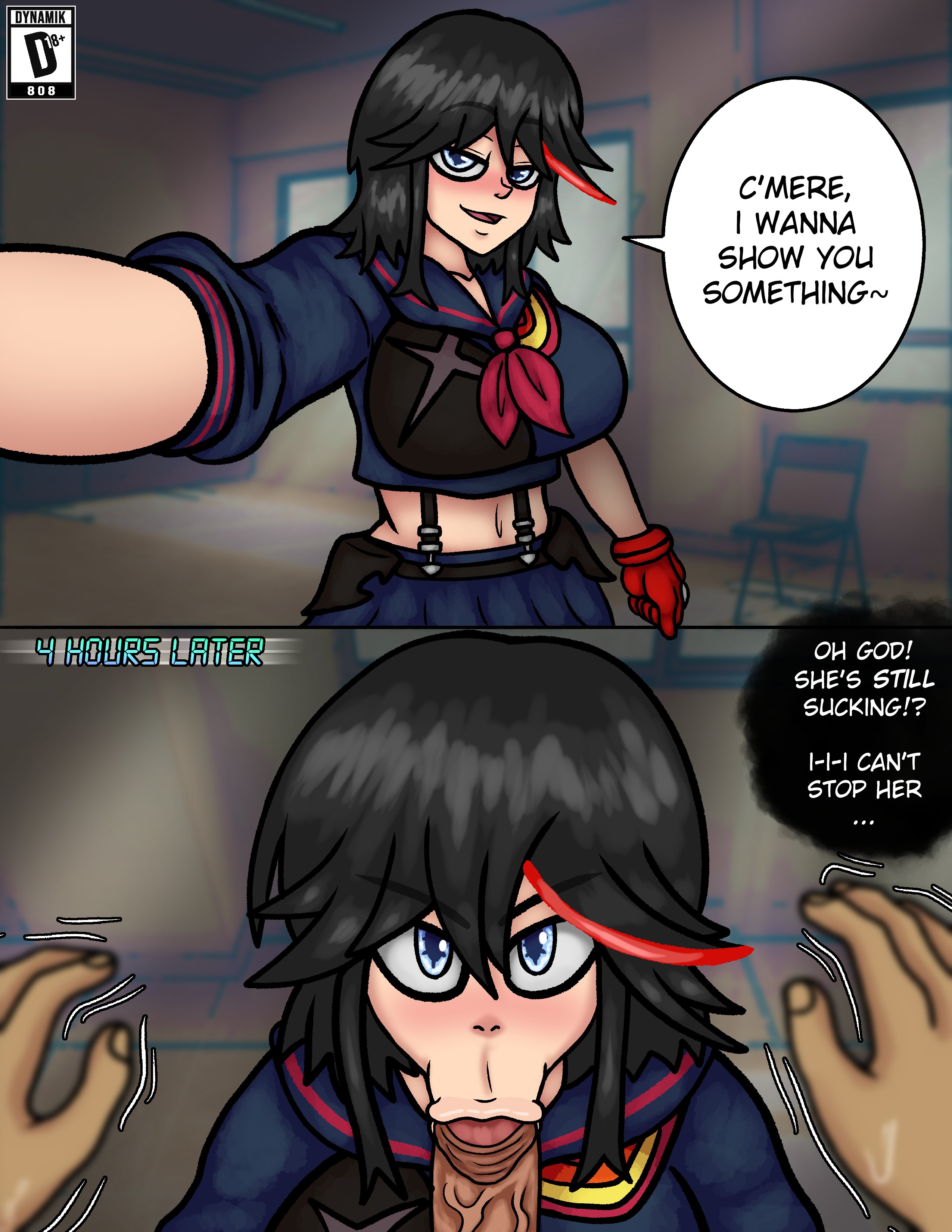 :>=, 1boy, 1girls, big breasts, black hair, blowjob, blue eyes, blushing, breasts, busty, dynamik808, english text, fellatio, female, female focus, hourglass figure, instant loss 2koma, kill la kill, male, male pov, matoi ryuuko, penis, pov, senketsu, sex, short hair, speech bubble, studio trigger, tagme, text, veiny penis, wide hips