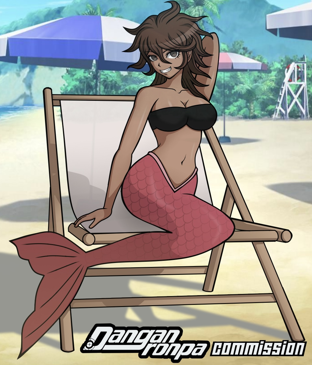 beach breasts brown_hair danganronpa danganronpa_2:_goodbye_despair female hand_on_head maryorsomething mermaid mermaid_girl mermaid_tail mermaid_transformation monster_girl owari_akane post_transformation short_hair tan_body tomboy transformation tubetop