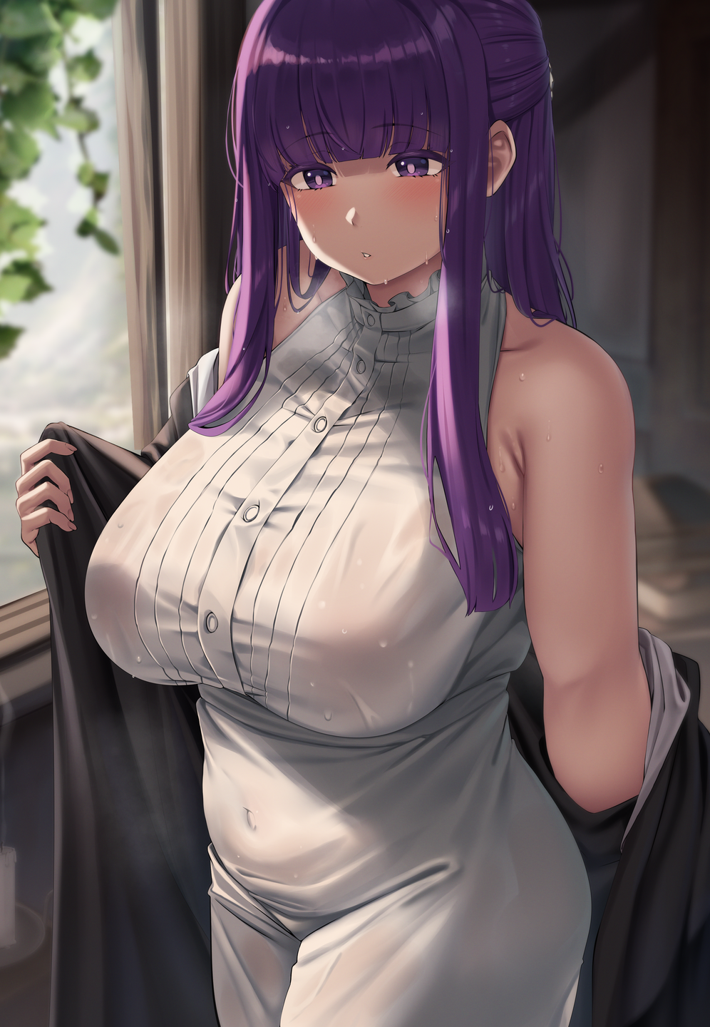 1girls :o armpit_crease bare_shoulders black_robe blunt_bangs blush breasts breath commentary covered_navel dress fern_(sousou_no_frieren) half_updo highres huge_breasts indoors long_hair looking_ahead moisture_(chichi) oppai purple_eyes purple_hair robe see-through see-through_clothing sidelocks sleeveless sleeveless_dress slightly_chubby solo sousou_no_frieren undressing very_long_hair voluptuous water_drop wet wet_clothes wet_dress wet_hair white_dress