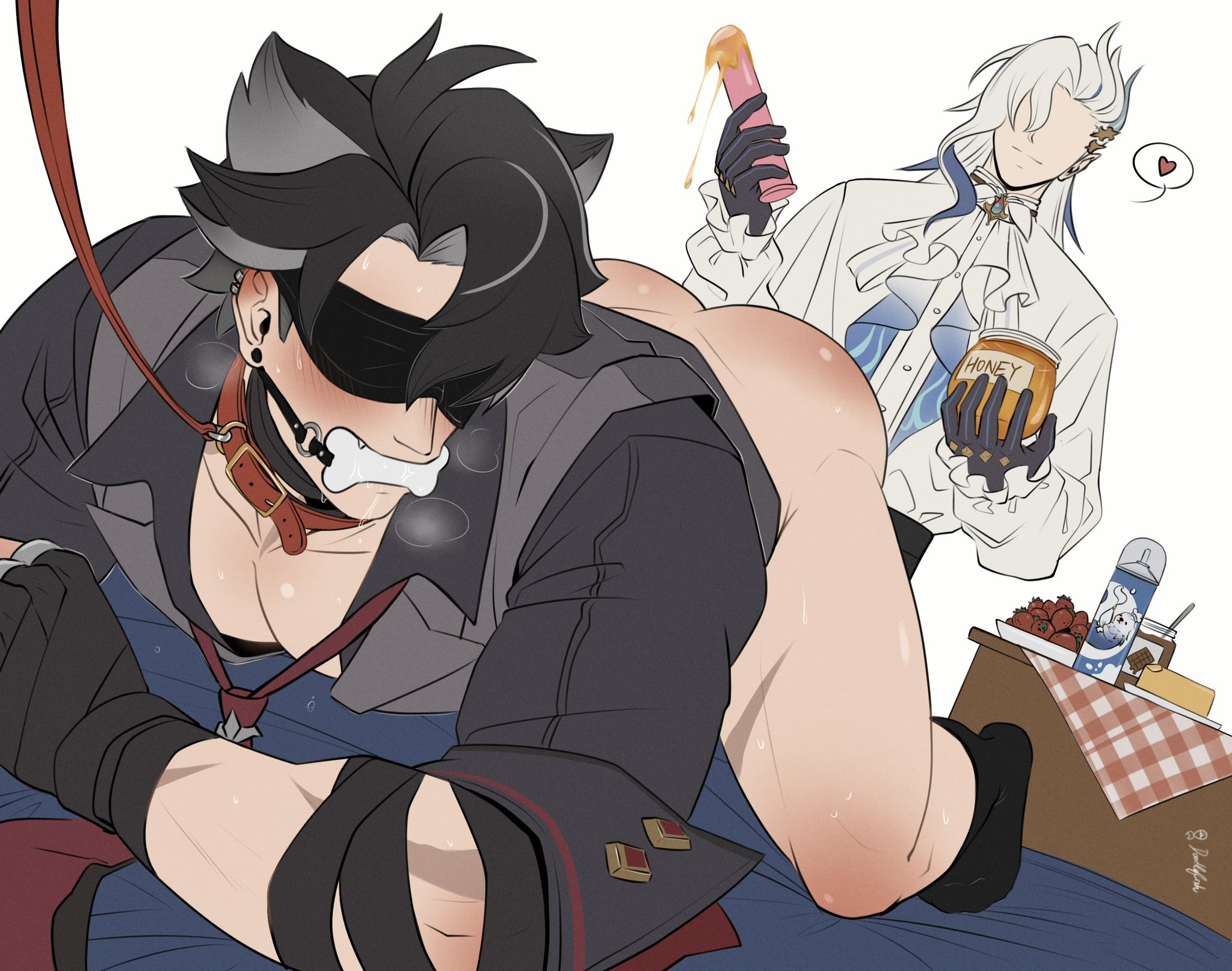 2boys, bara, bed, black hair, blindfold, blindfolded, blue hair, blush, collar, doodlefish75, gay, genshin impact, grey hair, leash, long hair, male, male only, medium hair, neuvillette (genshin impact), partially clothed, restrained, scar, small dom big sub, two-tone hair, white hair, wriothesley (genshin impact), yaoi