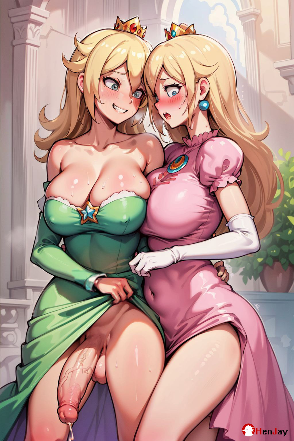 1futa 1girls ai_generated big_penis big_testicles blonde_hair blue_eyes blush breasts castle cleavage clothing covered_navel dilated_pupils dress dress_lift edited evil_grin evil_smile female futa_with_female futanari groping hand_on_hip henjay huge_balls huge_cock indoors large_breasts long_hair looking_at_another looking_at_penis mario_(series) nintendo nipple_bulge penis penis_awe photoshop princess_peach princess_rosalina rape_face shocked shoulder_pads stable_diffusion standing strapless_dress testicles tight_clothing vein veiny_penis