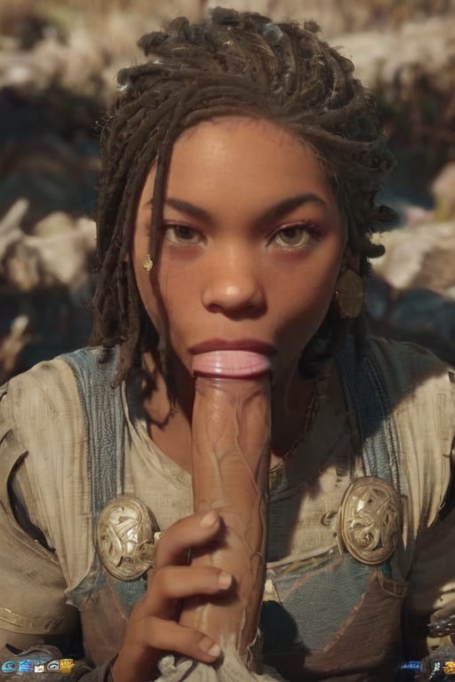 ai generated, angrboda (god of war), blowjob, dark skin, dark-skinned female, female, god of war, god of war ragnarok, looking at viewer, male, partial male, penis, pov blowjob, sucking penis, video games