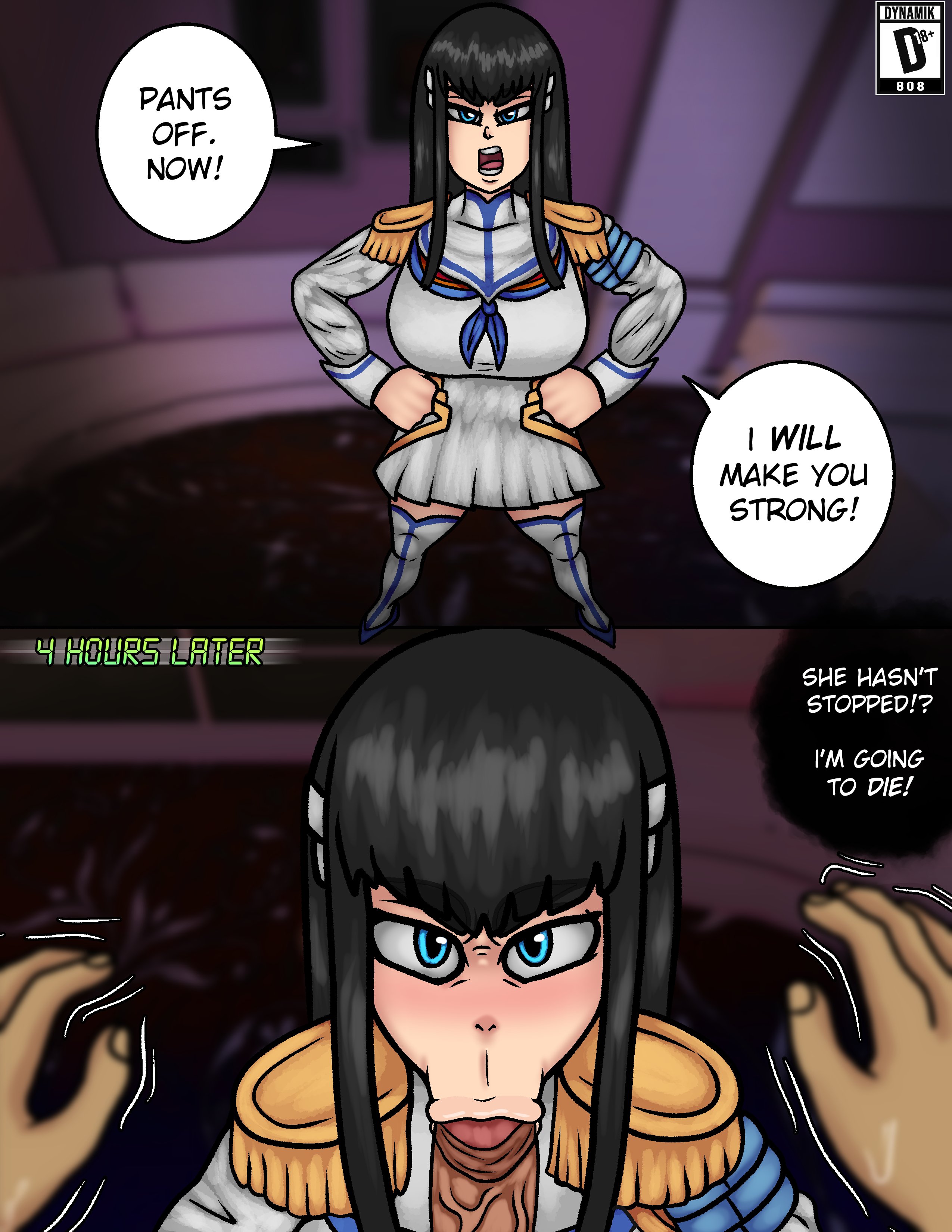 :>=, 1boy, 1girls, big breasts, black hair, blowjob, blue eyes, blushing, breasts, busty, dynamik808, english text, fellatio, female, female focus, hourglass figure, instant loss 2koma, junketsu, kill la kill, kiryuuin satsuki, large breasts, long hair, male, male pov, penis, pov, sex, speech bubble, studio trigger, tagme, text, thick eyebrows, veiny penis, wide hips