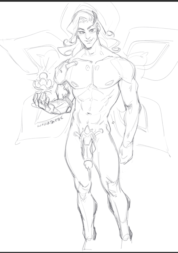 1boy big_penis feminine_male flaccid fully_nude lifeweaver long_hair lotus_(flower) male_focus mechanical_arm nude overwatch overwatch_2 sketch solo_male willatasticnsfw