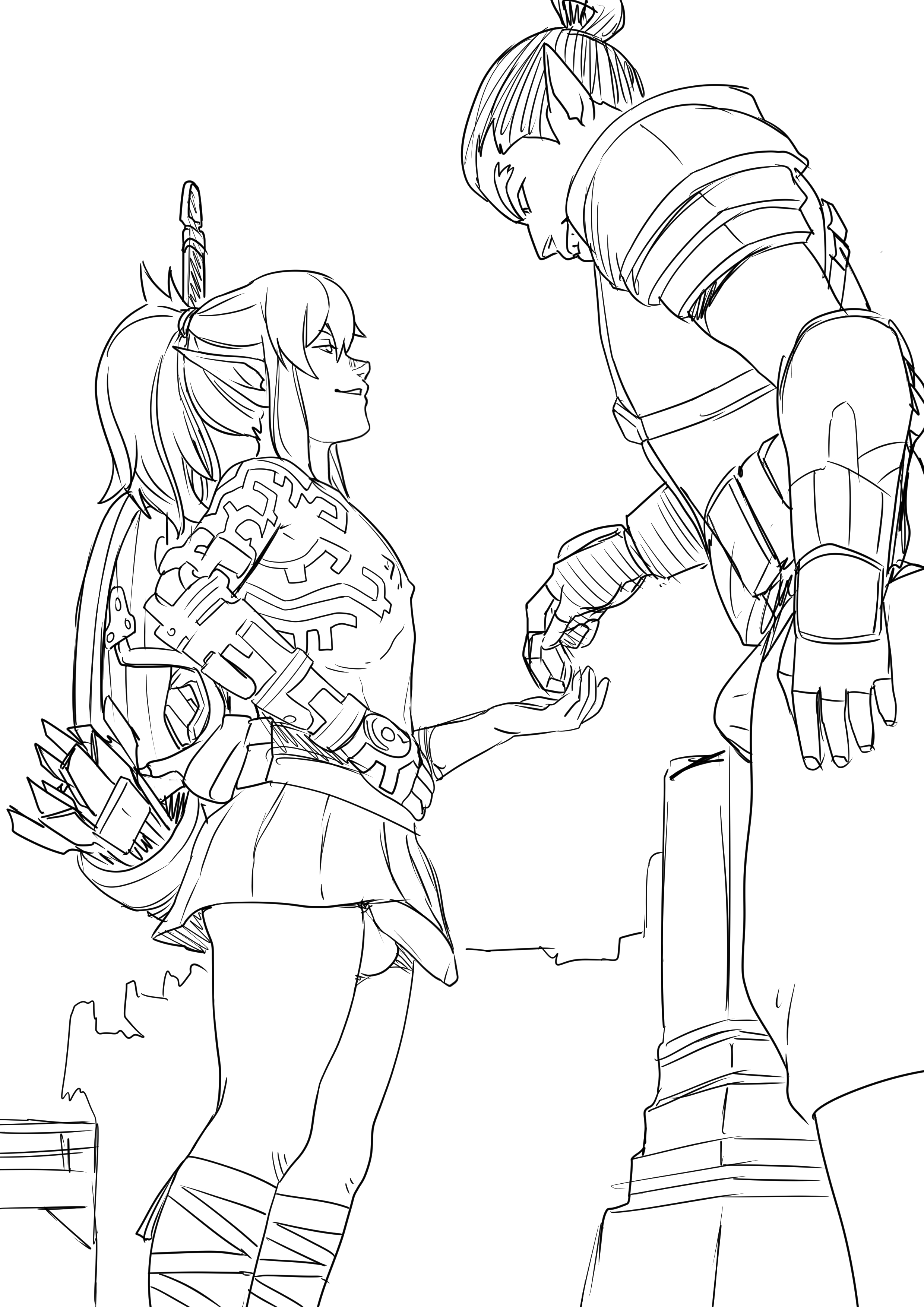 2boys, balls, black and white, femboy, feminine male, girly, link, link (tears of the kingdom), male, male focus, otoko no ko, otokonoko, penis, penis under skirt, tears of the kingdom, tekuho, the legend of zelda, trap