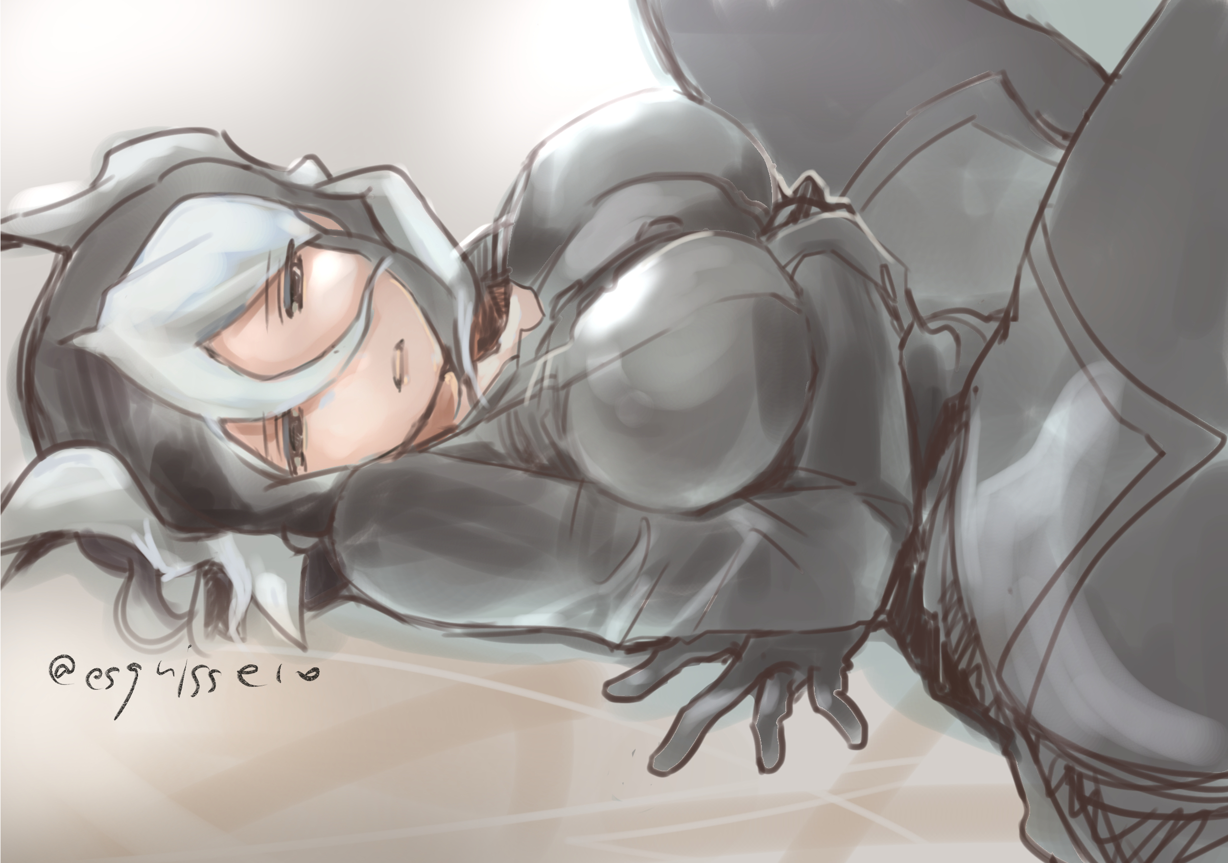 arms crossed under breasts, big breasts, black and white hair, breasts, crossed arms, esquisse 10, female, female only, fully clothed, hair between eyes, half-closed eyes, looking at viewer, made in abyss, on back, ozen, short hair, solo, two-tone hair