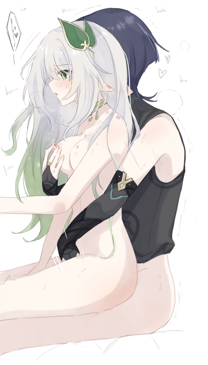 1boy 1girls alternate_body_type alternate_breast_size balladeer breasts female genshin_impact green_eyes hand_between_legs hat_guy hickey hugging_from_behind long_hair male male/female nahida_(genshin_impact) nipple_play nude_female on_lap scaramouche_(genshin_impact) sex straight wanderer_(genshin_impact)