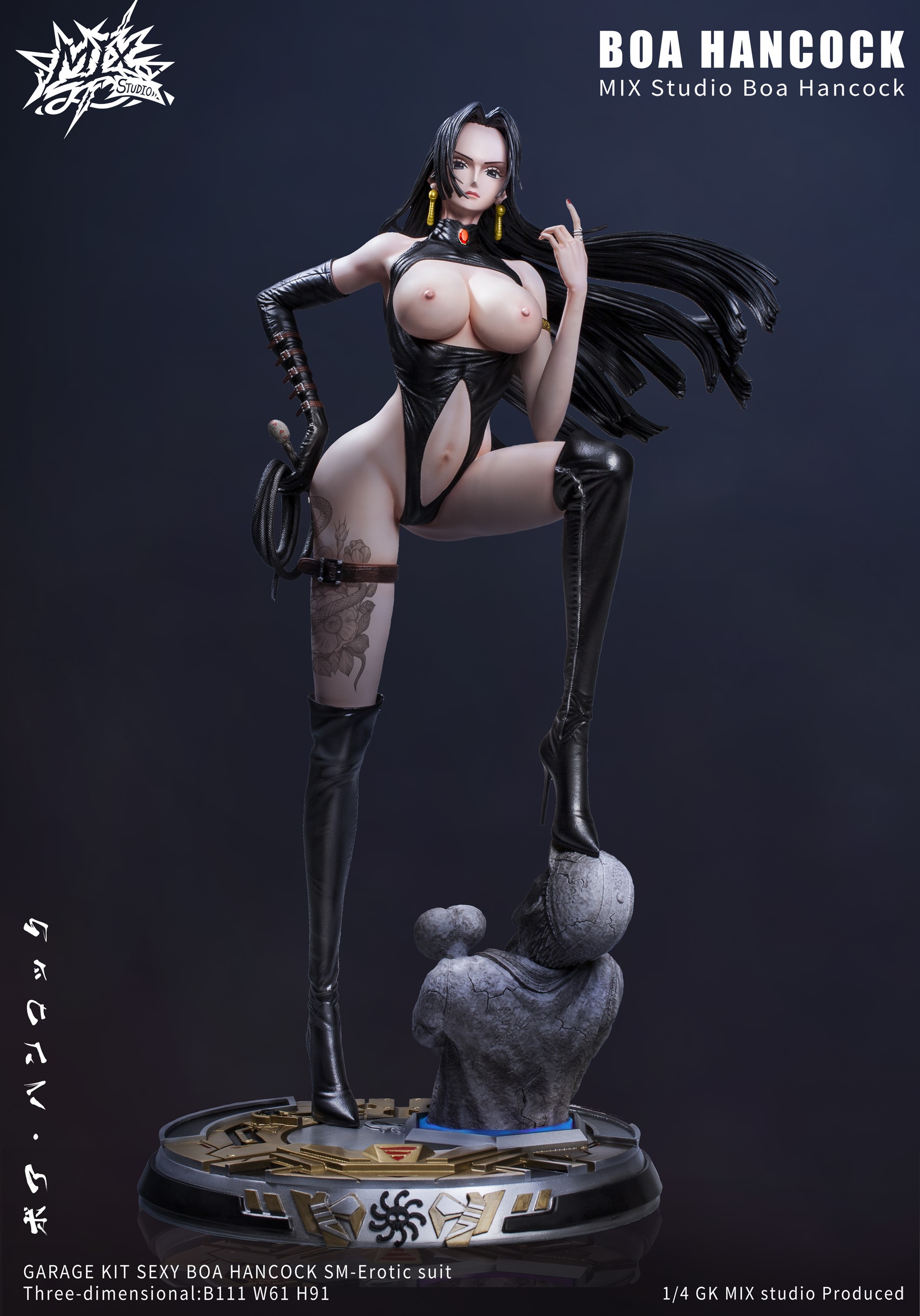 1girls, big breasts, black boots, black hair, boa hancock, breasts, breasts exposed, dominant female, dominatrix, earrings, feet on head, female, female focus, female only, femdom, figure, figurine, gloves, high heel boots, high heels, holding whip, mix studio, nipples, one piece, painted nails, statue, tattoo, tattoo on leg, whip