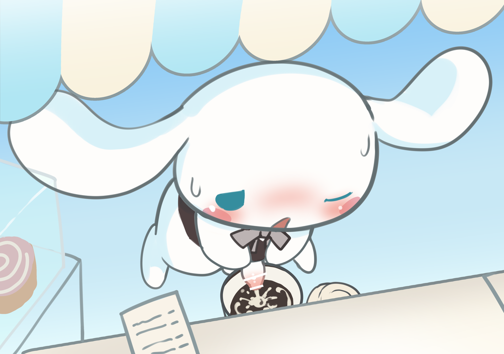 anthro balls blush bodily_fluids censored cinnamon_(cinnamoroll) cinnamoroll cinnamoroll_(series) clothed clothing cum cum_in_food ejaculation food foreskin fur genital_fluids genitals ineffective_censorship lagomorph leporid male mammal manmosu_marimo penis rabbit sanrio solo unretracted_foreskin white_body white_fur young