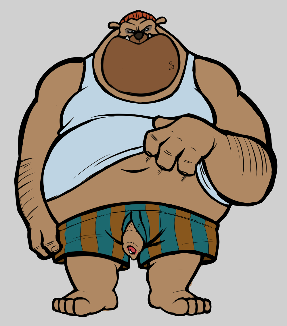 anthro boxers_(clothing) canid canine clothing disney ethancostas genitals goof_troop male mammal overweight penis penis_through_fly poking_out roxanne's_dad solo underwear