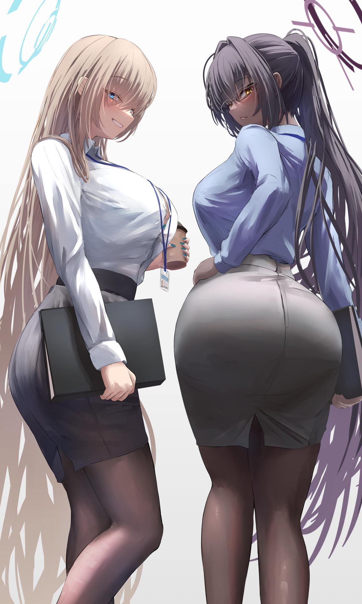 2girls, alternate costume, ass, asuna (blue archive), black hair, black pantyhose, black skirt, blue archive, blue eyes, blue shirt, blush, book, breasts, coffee cup, collared shirt, cup, dark skin, dark-skinned female, disposable cup, female, female only, from behind, grey background, grey skirt, grin, hair between eyes, halo, hand on own hip, highres, holding, holding book, holding cup, huge breasts, id card, karin (blue archive), lanyard, large breasts, light brown hair, long hair, long sleeves, looking at viewer, looking back, millennium science school student, multiple females, multiple girls, office lady, pantyhose, parted lips, pencil skirt, ponytail, shirt, shirt tucked in, silver bullet (ecc12 8), simple background, skirt, smile, sweatdrop, very dark skin, very long hair, white background, white shirt, wide hips, yellow eyes