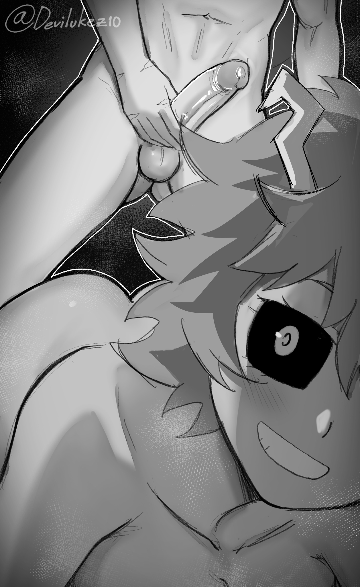 completely nude, devilukez, female, greyscale, imminent sex, izuku midoriya, male, mina ashido, monochrome, my hero academia, nude, partial male, penis, selfie