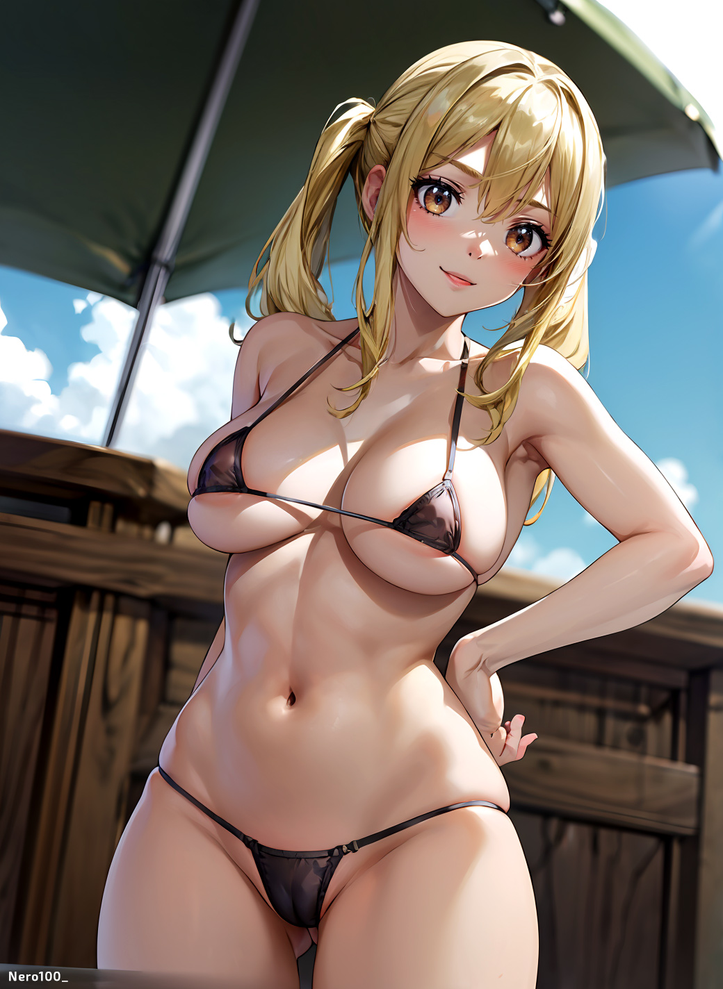 1girls, ai generated, ass, athletic, athletic female, bare shoulders, beach, belly, big breasts, bikini, bikini bottom, bikini top, blonde hair, blue eyes, breasts, choker, collar, cowboy shot, curvy, curvy figure, detailed, eyelashes, fairy tail, female, female only, fit, fit female, front view, high quality, horny, huge breasts, large breasts, light skin, light-skinned female, lipstick, long hair, looking at viewer, lucy heartfilia, mascara, muscular, navel, ocean, pale skin, pale-skinned female, posing, sagging breasts, sea, seaside, seductive, seductive eyes, seductive look, sidelocks, solo, stable diffusion, standing, stomach, string bikini, string panties, tagme, thick ass, thick legs, thick thighs, tights, twintails, white bikini, wide hips, yellow hair, young