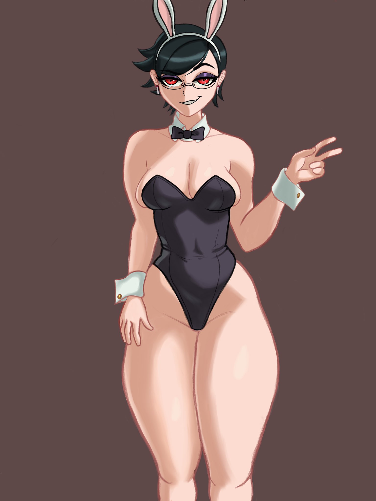1girls, 2023, black hair, boruto: naruto next generations, boruto: two blue vortex, bunny ears, bunnysuit, detached collar, female, female only, glasses, hi res, kanguru, looking at viewer, narrowed eyes, naruto, naruto (series), neck ribbon, red eyes, sarada uchiha, short hair, smiling, smiling at viewer, solo, teeth showing, thick thighs, v sign, wrist cuffs