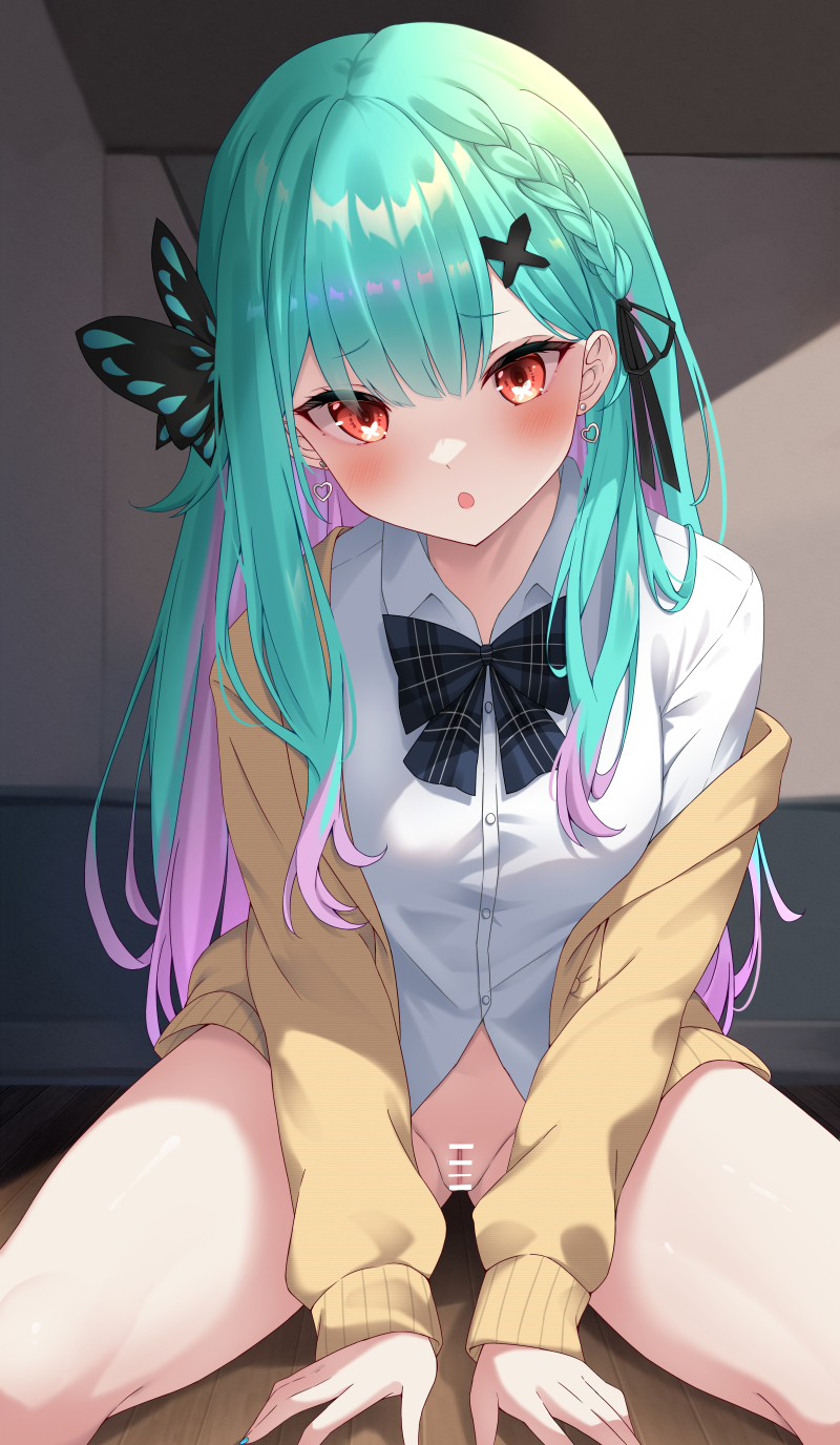 aqua_hair aqua_nails bar_censor between_legs blush bow bowtie braid brown_cardigan bug butterfly butterfly-shaped_pupils butterfly_hair_ornament cardigan censored colored_inner_hair commentary_request earrings embarrassed female green_hair hair_between_eyes hair_ornament hairbow hand_between_legs heart heart_earrings highres hololive hololive_fantasy hololive_japan indoors jewelry kurono_yuzuko long_hair looking_at_viewer multicolored_hair official_alternate_costume official_alternate_hairstyle open_mouth plaid plaid_bow plaid_bowtie purple_hair pussy red_eyes shirt side_braid sitting solo sunlight thighs uruha_rushia uruha_rushia_(school_uniform) virtual_youtuber white_shirt wooden_floor x_hair_ornament