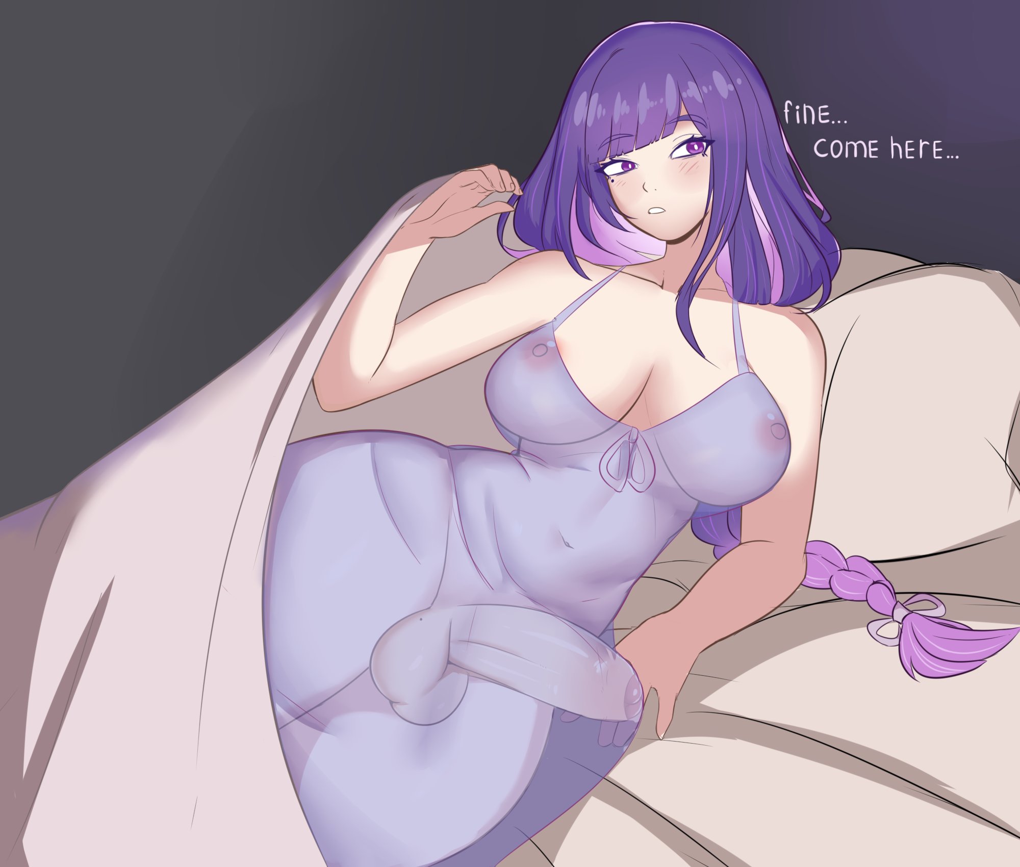 1futa, 2023, areolae, ater18, balls, bed, big breasts, big hips, big penis, breasts, clothed, clothing, dress, english text, erection, futa only, futanari, genshin impact, huge cock, human, intersex, inviting under covers, light skin, light-skinned futa, nipples, partially clothed, penis, purple hair, raiden shogun, see-through, solo, text, thick thighs, wide hips