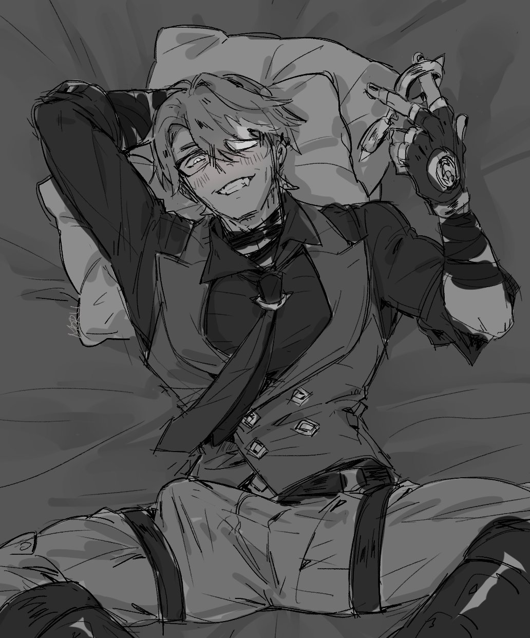 blush lines, boots, clothed, clothes, cosplay, erection under clothes, fully clothed, glasses, handcuffs, hard on, honkai (series), honkai: star rail, in bed, leg strap, looking at viewer, on back, pillows, smirk, smirking, smirking at viewer, tie, vest, welt yang (honkai: star rail)