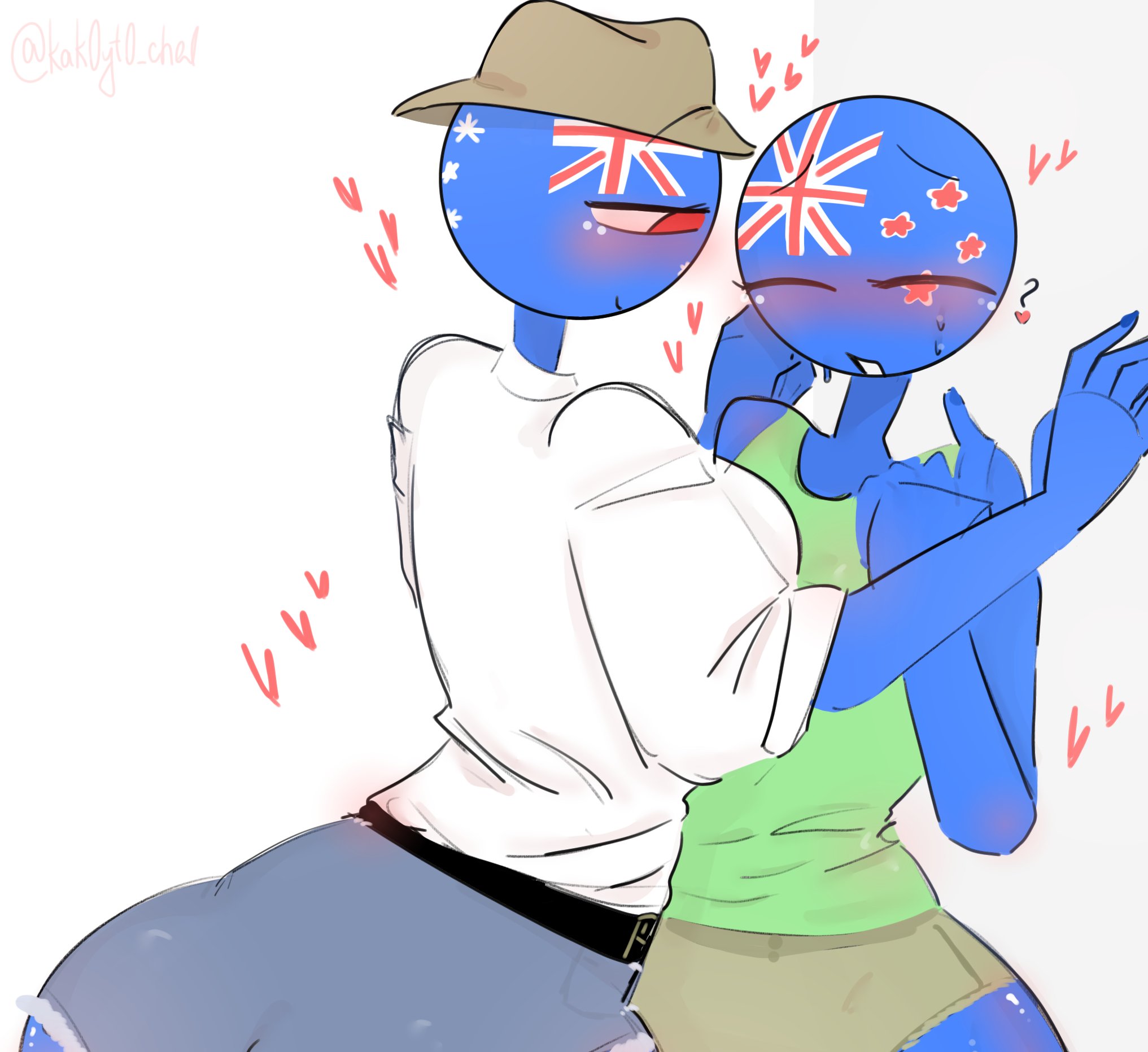 2girls, australia (countryhumans), big breasts, bigger female, blue body, blue shorts, blush, breast size difference, breasts, brown shorts, countryhumans, countryhumans girl, embarrassed, female, green tank top, hat, incest, kak0yt0 chel, new zealand (countryhumans), red eyes, small breasts, smaller female, teasing, white shirt, wide hips, yuri