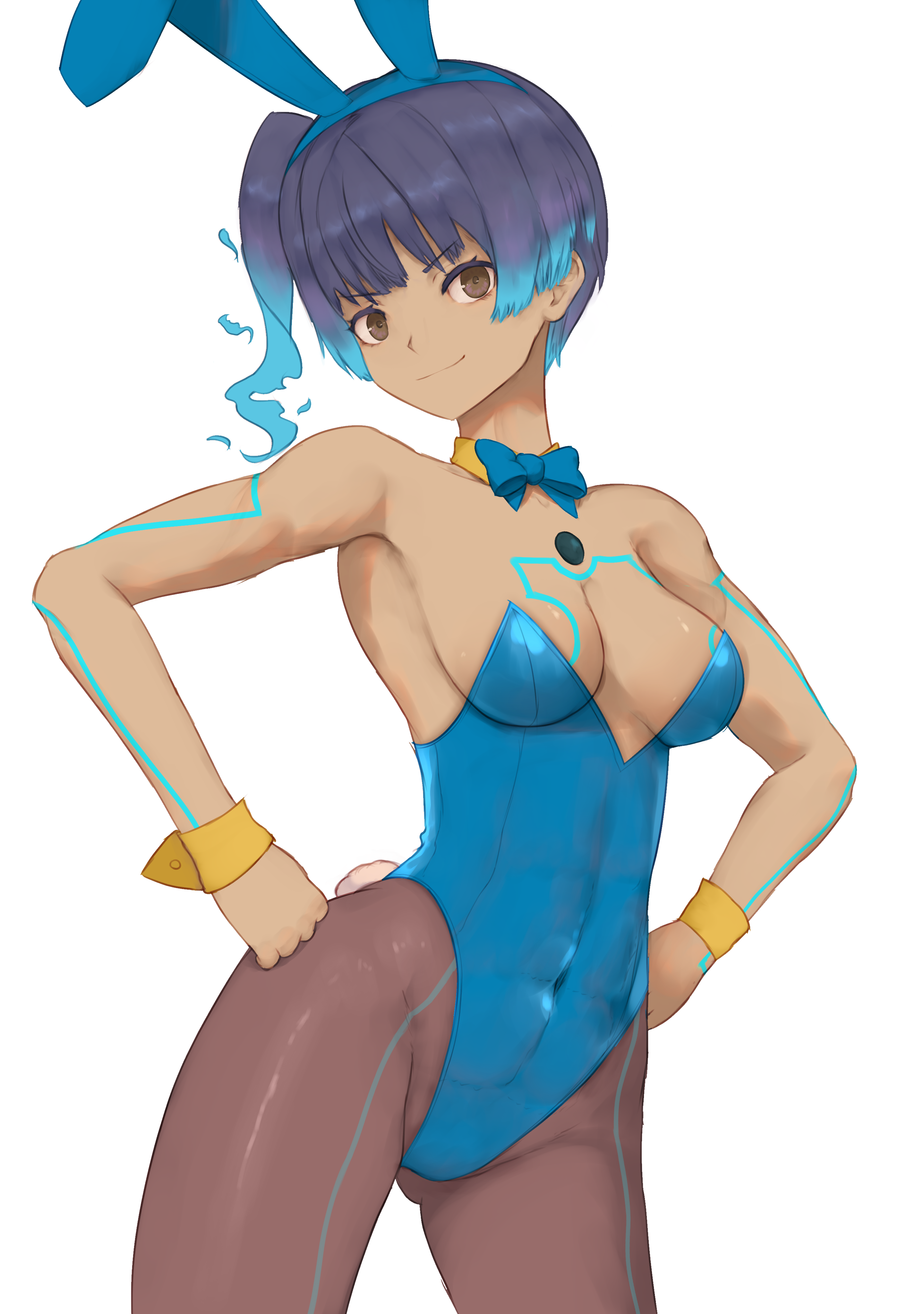 1girls, absurd res, alternate costume, bare shoulders, blue hair, blue leotard, bowtie, breasts, brown hair, brown pantyhose, bunny ears, bunnysuit, busty, cleavage, confident, core crystal, curvy, dark skin, dark-skinned female, female, female only, fiery hair, hands on hips, highres, hourglass figure, latex, leotard, looking at viewer, medium breasts, midriff, monolith soft, muscles, nintendo, pantyhose, ponytail, sena (xenoblade), short hair, side ponytail, slim waist, smile, smiling at viewer, tan skin, tomboy, toned, toned female, wrist cuffs, xenoblade (series), xenoblade chronicles 3, zelc-face