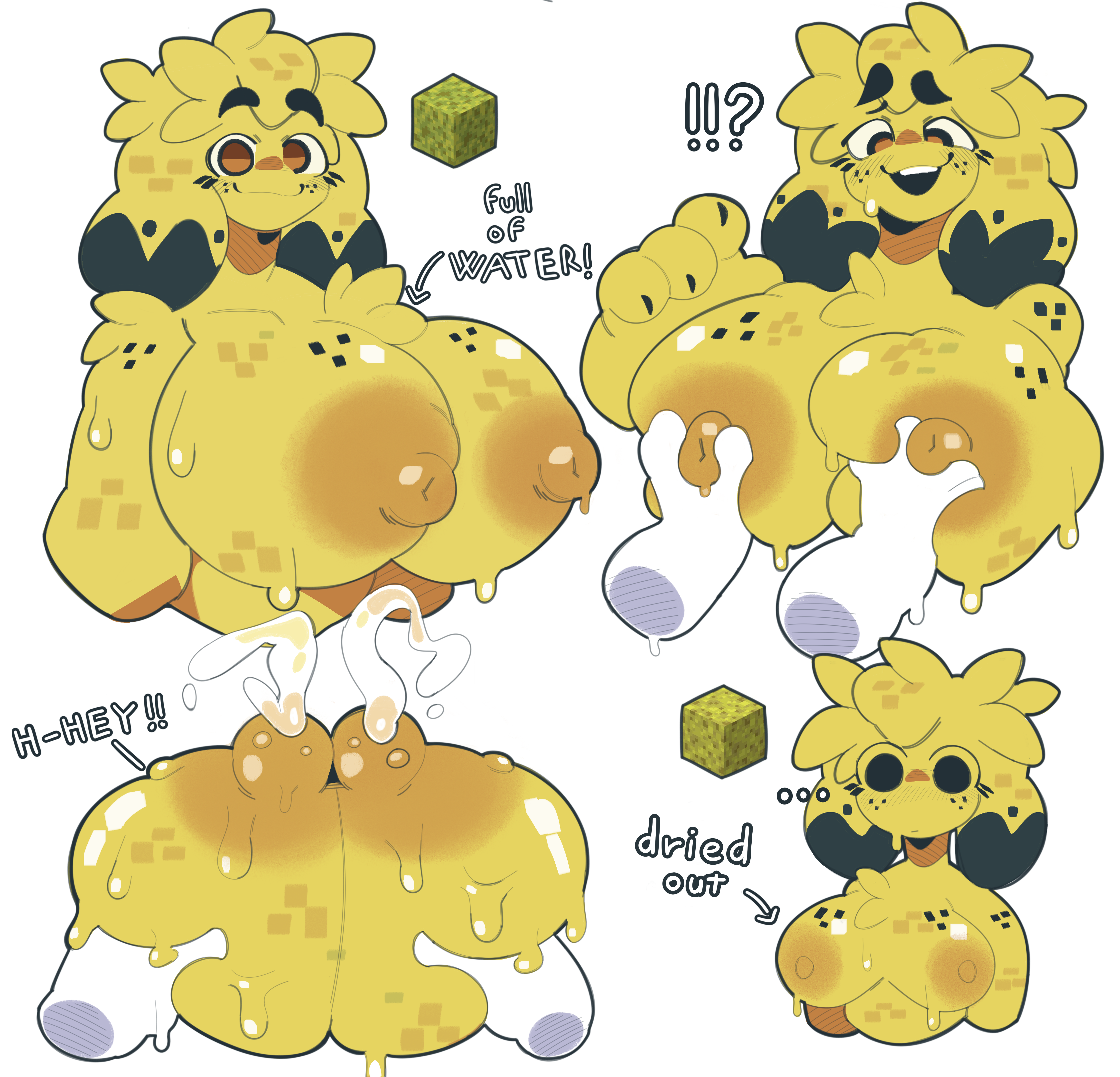 1girls, big breasts, breast grab, breasts, female, highres, huge breasts, lactation, minecraft, small breasts, sponge block (minecraft), squeezing breast, stonic, sweat, wet
