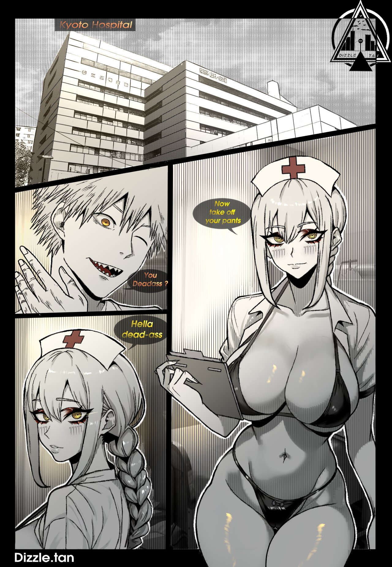 breasts, chainsaw man, denji (chainsaw man), female, hospital, makima (chainsaw man), nurse, nurse uniform, skimpy clothes, skimpy outfit