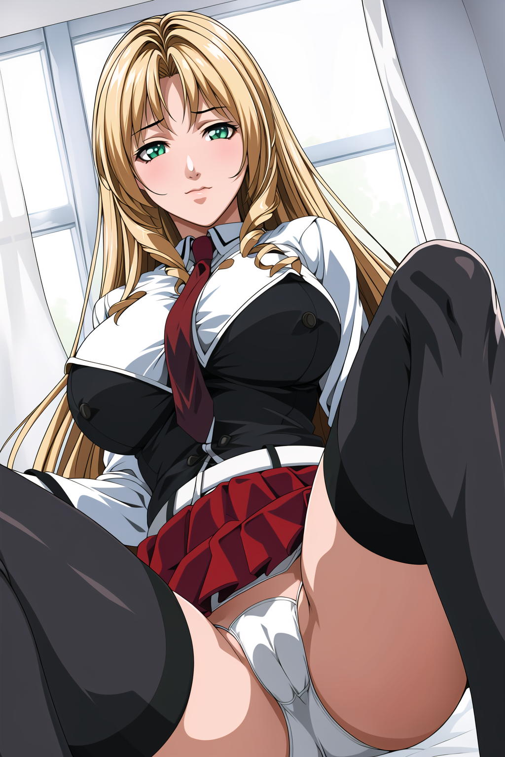 1girls ai_generated bible_black big_breasts blonde_hair breasts drill_hair embarrassed female female_only green_eyes huge_breasts nai_diffusion panties school_uniform schoolgirl shiraki_rika shirt shy sitting skirt solo solo_focus spread_legs stable_diffusion stockings uniform very_long_hair vest voluptuous